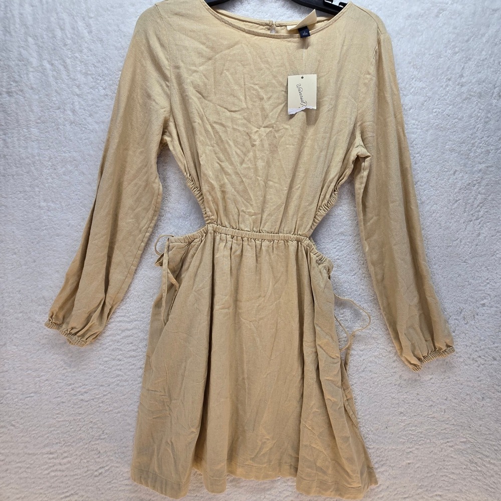 Linen Boho Side Cut‎ Out Womens Dress Small Festival Neutral Minimalist POCKETS